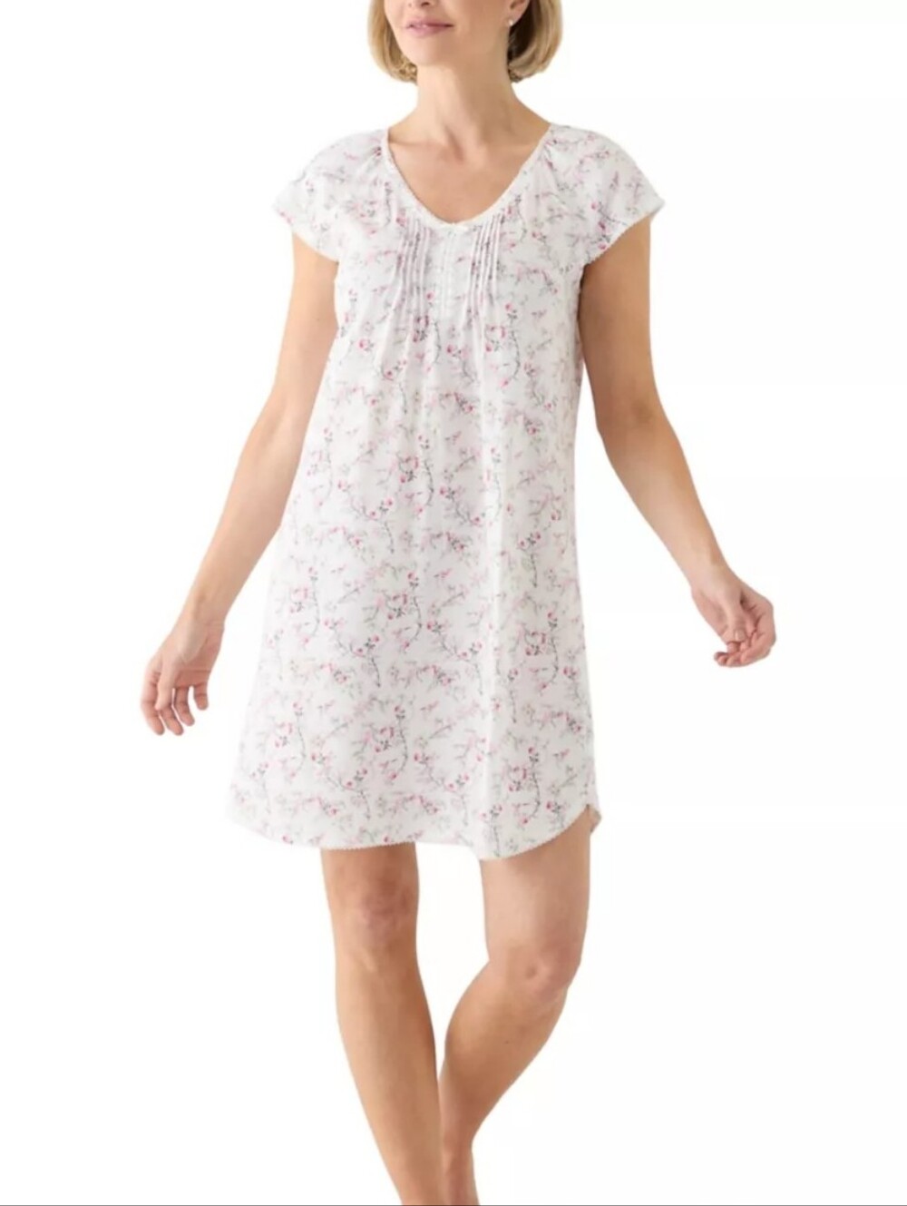 Miss Elaine Cap Sleeve Nightgown in White and Pink Floral With Lovely Soft Lace